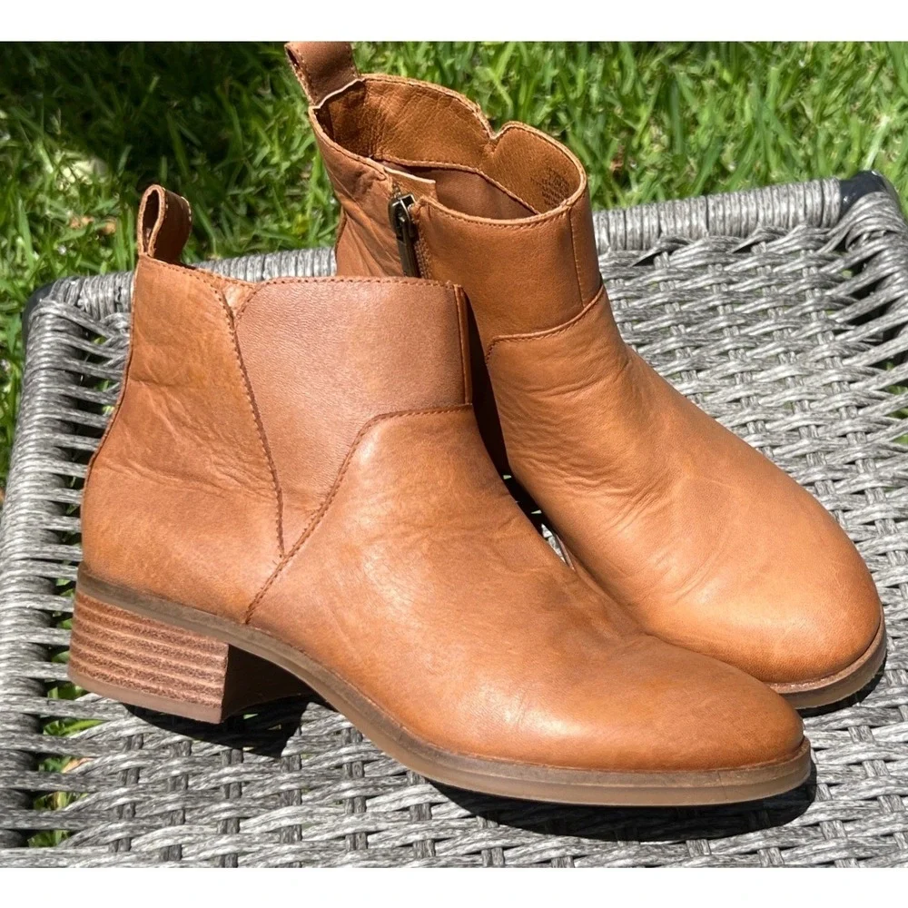 Lucky Brand Prenma Cognac Leather Ankle Boot Booties Womens 7.5 Side Zip Western